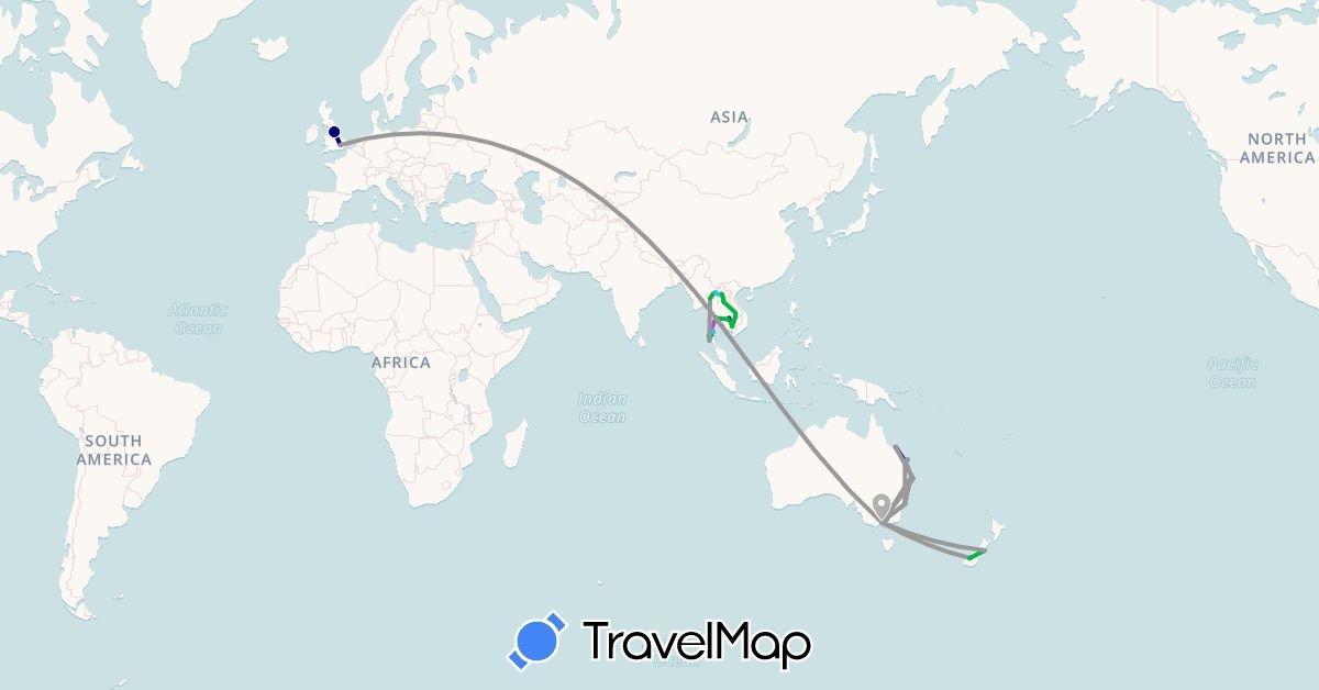 TravelMap itinerary: driving, bus, plane, train, boat in Australia, United Kingdom, Cambodia, Laos, New Zealand, Thailand (Asia, Europe, Oceania)